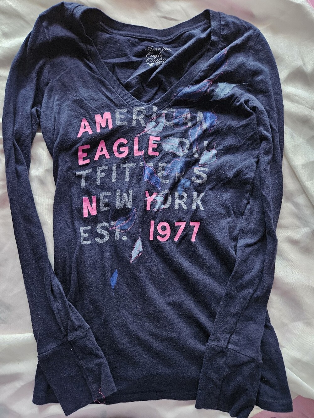 American Eagle Navy Long Sleeve Graphic Tee - Pink & Gray Lettering
